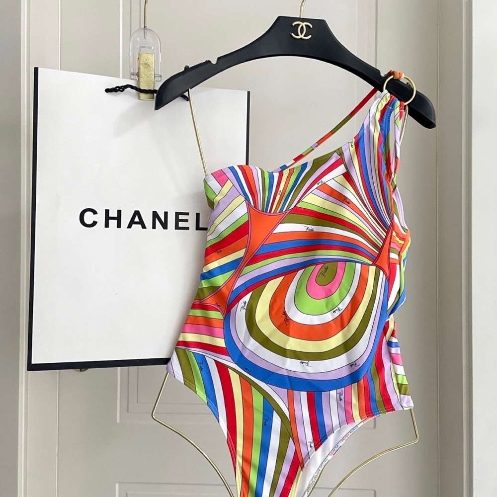 Emilio Pucci Multicolor One-Shoulder Swimsuit in Rainbow Stripe & Swirl